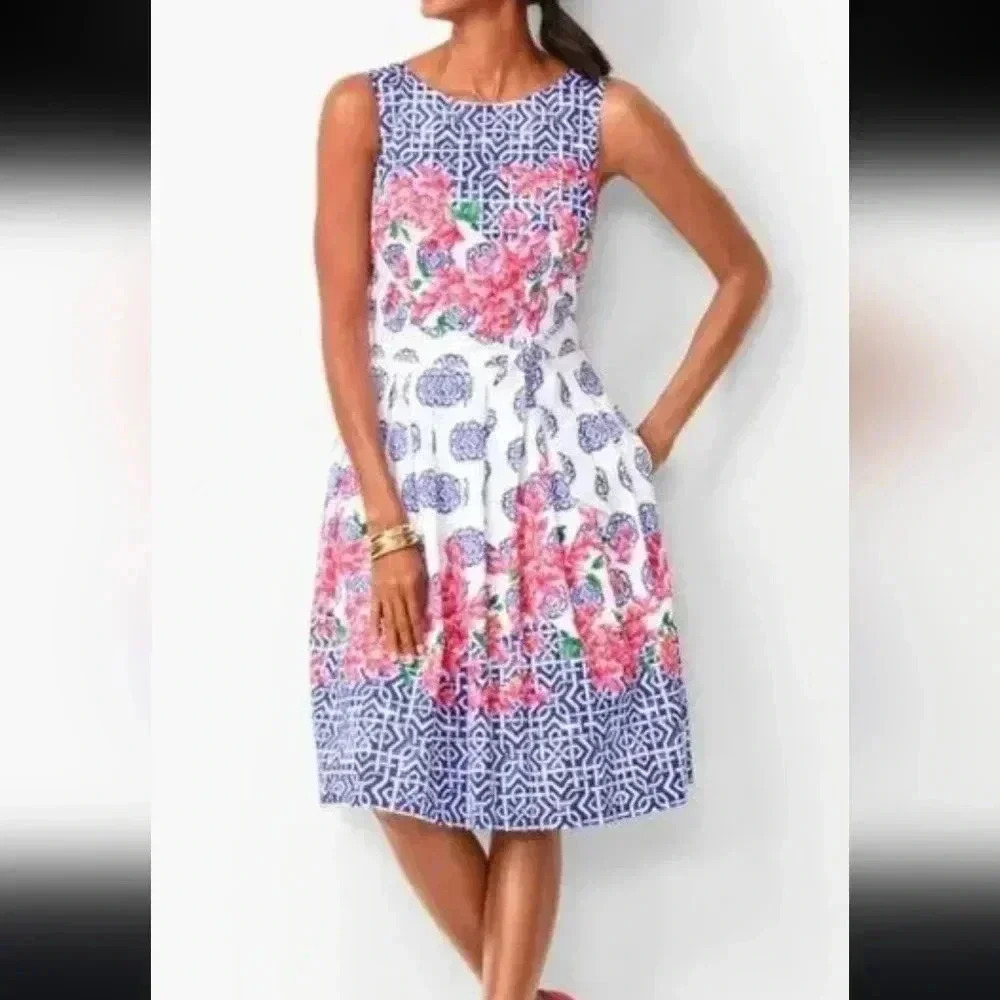 Talbots Pink Bougainvillea Floral Blue Mosaic Sateen Fit & Flare Dress Sz 4 P